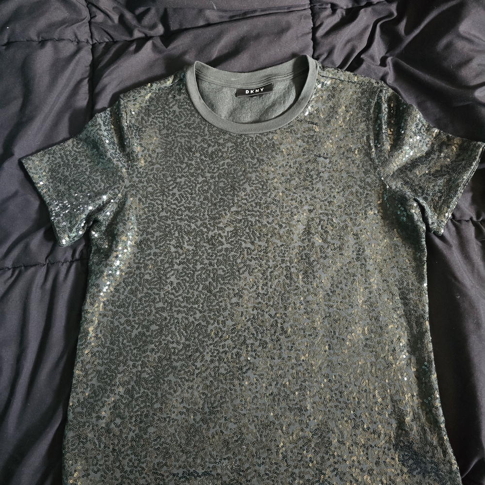 DKNY Army Green Sequin Textured Tee